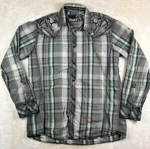 Roar Shirt Men's XL Gray Green Cotton Embroidered Long Sleeve Button-Up